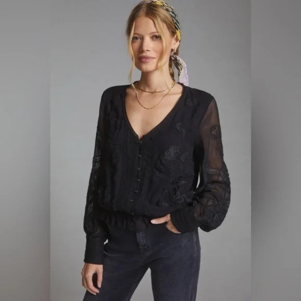 by Anthropologie Long Sleeve Embroidered Button Down Blouse - Black - XS